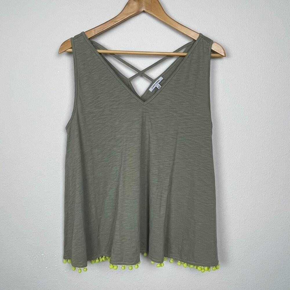 Lisa Todd Sleeveless Top Sz‎ S Green Crisscross Pompom Trim Cotton Boho Festival